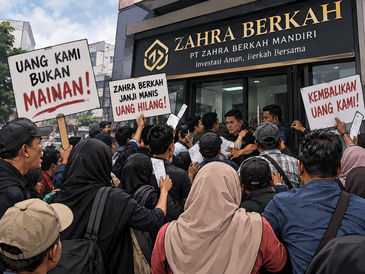 Ilustrasi para member Zahra Berkah menggeruduk kantor dan menuntut ganti rugi uang. (Kredit Foto: ChatGPT/Istimewa)