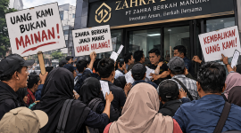 Ilustrasi para member Zahra Berkah menggeruduk kantor dan menuntut ganti rugi uang. (Kredit Foto: ChatGPT/Istimewa)