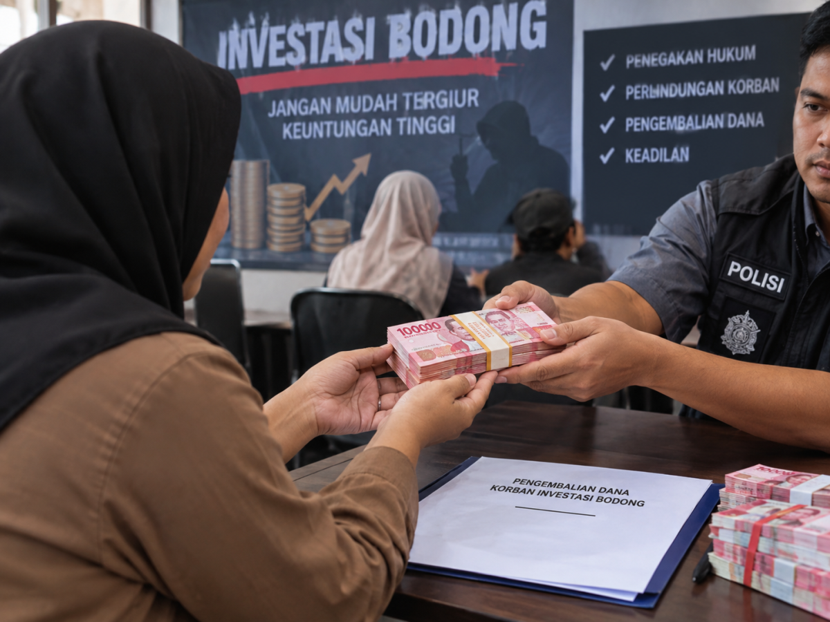 Ilustrasi dibat dari AI menggambarkan korban investasi bodong dikembalikan asetnya. (Kredit Foto: Istimewa)